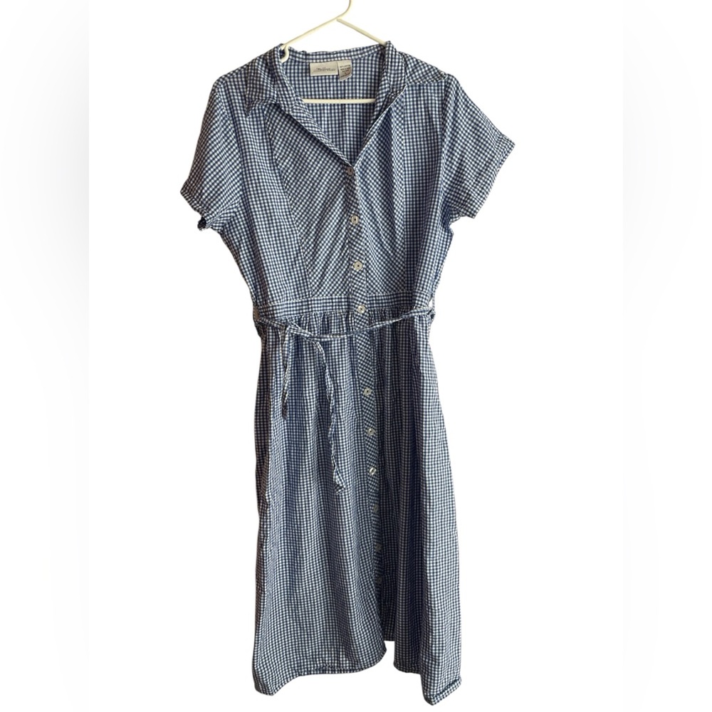 Vermont Country Store Blue Gingham Cotton Button Down Collared Dress L Retro